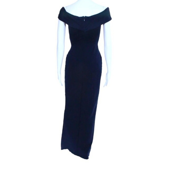 NICHOLAS Knot Twist Front Gown Size 0 Navy Blue Off Shoulder - Picture 3 of 13